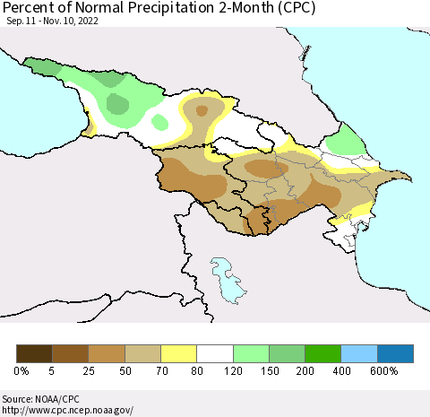 Azerbaijan, Armenia and Georgia Percent of Normal Precipitation 2-Month (CPC) Thematic Map For 9/11/2022 - 11/10/2022