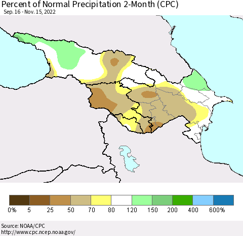 Azerbaijan, Armenia and Georgia Percent of Normal Precipitation 2-Month (CPC) Thematic Map For 9/16/2022 - 11/15/2022