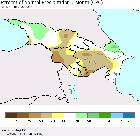 Azerbaijan, Armenia and Georgia Percent of Normal Precipitation 2-Month (CPC) Thematic Map For 9/21/2022 - 11/20/2022