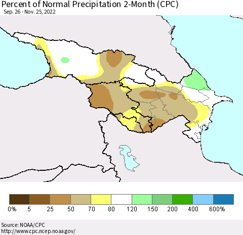 Azerbaijan, Armenia and Georgia Percent of Normal Precipitation 2-Month (CPC) Thematic Map For 9/26/2022 - 11/25/2022