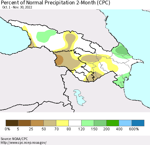Azerbaijan, Armenia and Georgia Percent of Normal Precipitation 2-Month (CPC) Thematic Map For 10/1/2022 - 11/30/2022