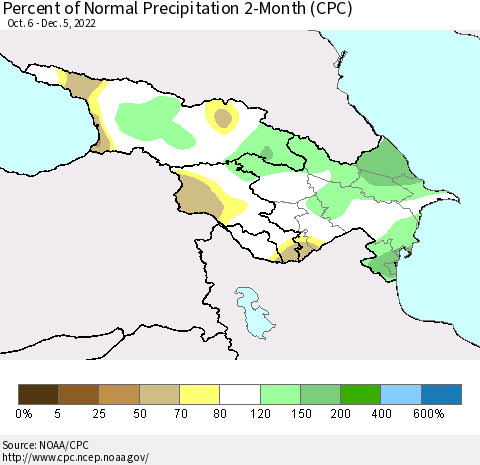 Azerbaijan, Armenia and Georgia Percent of Normal Precipitation 2-Month (CPC) Thematic Map For 10/6/2022 - 12/5/2022