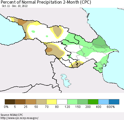 Azerbaijan, Armenia and Georgia Percent of Normal Precipitation 2-Month (CPC) Thematic Map For 10/11/2022 - 12/10/2022