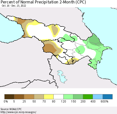 Azerbaijan, Armenia and Georgia Percent of Normal Precipitation 2-Month (CPC) Thematic Map For 10/16/2022 - 12/15/2022
