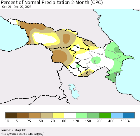 Azerbaijan, Armenia and Georgia Percent of Normal Precipitation 2-Month (CPC) Thematic Map For 10/21/2022 - 12/20/2022
