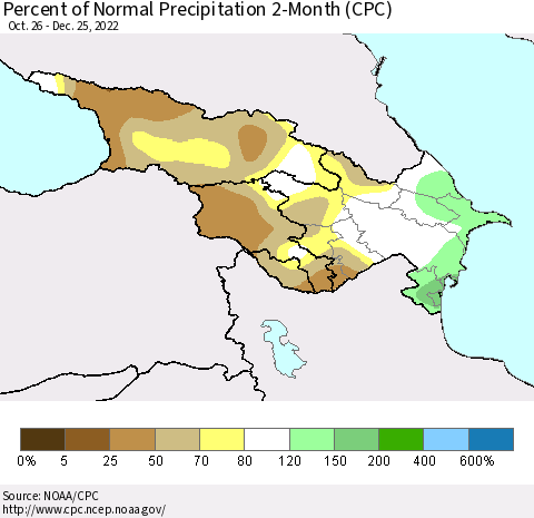 Azerbaijan, Armenia and Georgia Percent of Normal Precipitation 2-Month (CPC) Thematic Map For 10/26/2022 - 12/25/2022