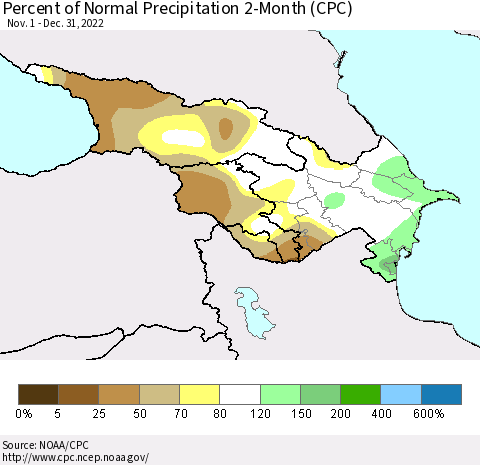Azerbaijan, Armenia and Georgia Percent of Normal Precipitation 2-Month (CPC) Thematic Map For 11/1/2022 - 12/31/2022