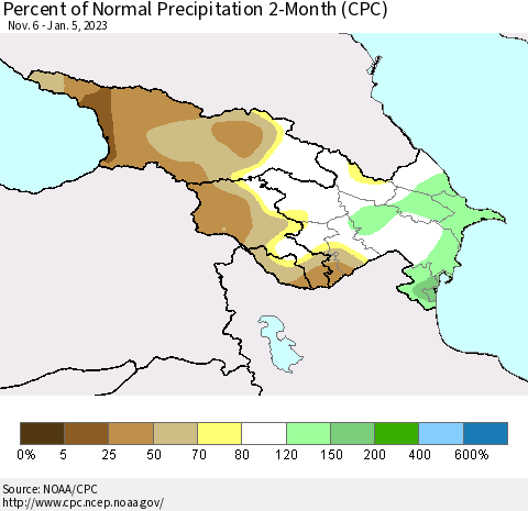 Azerbaijan, Armenia and Georgia Percent of Normal Precipitation 2-Month (CPC) Thematic Map For 11/6/2022 - 1/5/2023