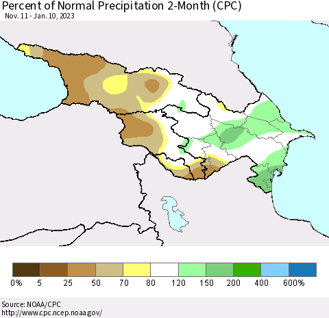 Azerbaijan, Armenia and Georgia Percent of Normal Precipitation 2-Month (CPC) Thematic Map For 11/11/2022 - 1/10/2023