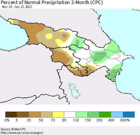 Azerbaijan, Armenia and Georgia Percent of Normal Precipitation 2-Month (CPC) Thematic Map For 11/16/2022 - 1/15/2023