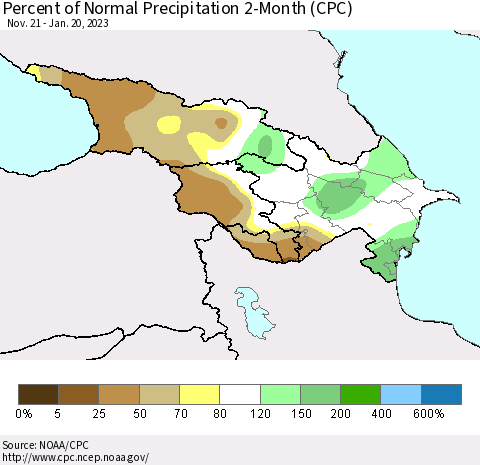 Azerbaijan, Armenia and Georgia Percent of Normal Precipitation 2-Month (CPC) Thematic Map For 11/21/2022 - 1/20/2023