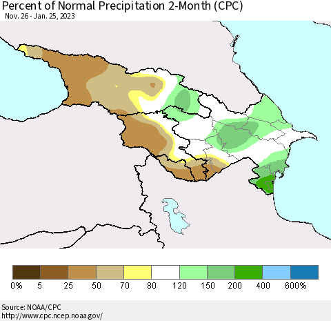 Azerbaijan, Armenia and Georgia Percent of Normal Precipitation 2-Month (CPC) Thematic Map For 11/26/2022 - 1/25/2023