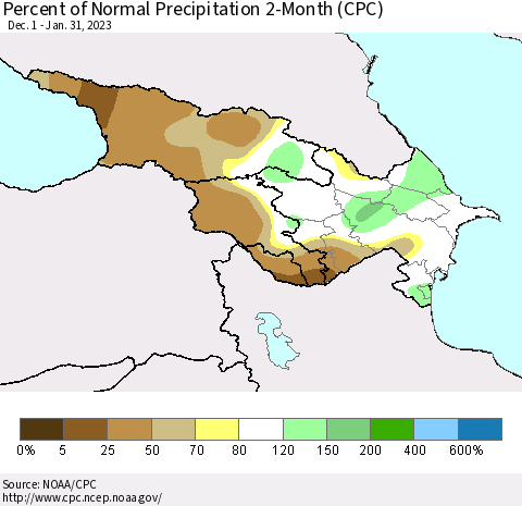 Azerbaijan, Armenia and Georgia Percent of Normal Precipitation 2-Month (CPC) Thematic Map For 12/1/2022 - 1/31/2023