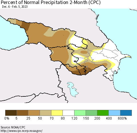 Azerbaijan, Armenia and Georgia Percent of Normal Precipitation 2-Month (CPC) Thematic Map For 12/6/2022 - 2/5/2023