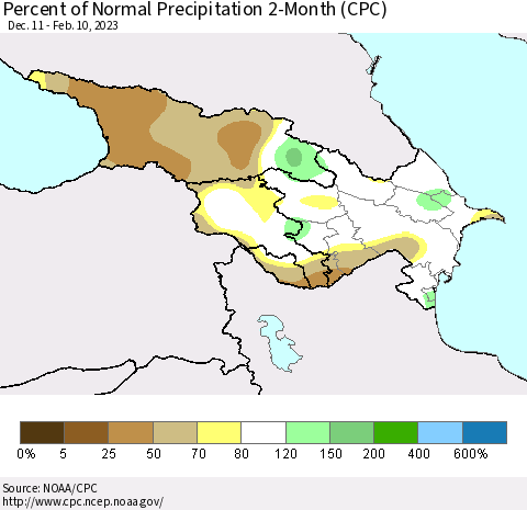 Azerbaijan, Armenia and Georgia Percent of Normal Precipitation 2-Month (CPC) Thematic Map For 12/11/2022 - 2/10/2023