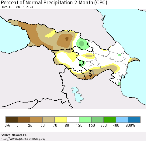 Azerbaijan, Armenia and Georgia Percent of Normal Precipitation 2-Month (CPC) Thematic Map For 12/16/2022 - 2/15/2023