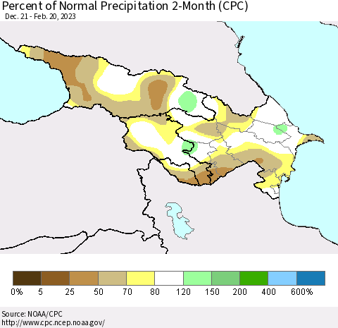 Azerbaijan, Armenia and Georgia Percent of Normal Precipitation 2-Month (CPC) Thematic Map For 12/21/2022 - 2/20/2023