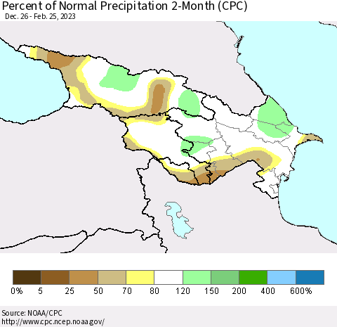 Azerbaijan, Armenia and Georgia Percent of Normal Precipitation 2-Month (CPC) Thematic Map For 12/26/2022 - 2/25/2023