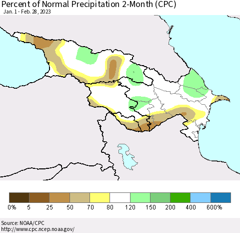 Azerbaijan, Armenia and Georgia Percent of Normal Precipitation 2-Month (CPC) Thematic Map For 1/1/2023 - 2/28/2023
