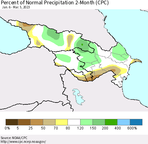 Azerbaijan, Armenia and Georgia Percent of Normal Precipitation 2-Month (CPC) Thematic Map For 1/6/2023 - 3/5/2023