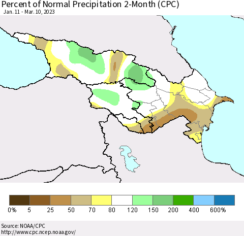 Azerbaijan, Armenia and Georgia Percent of Normal Precipitation 2-Month (CPC) Thematic Map For 1/11/2023 - 3/10/2023
