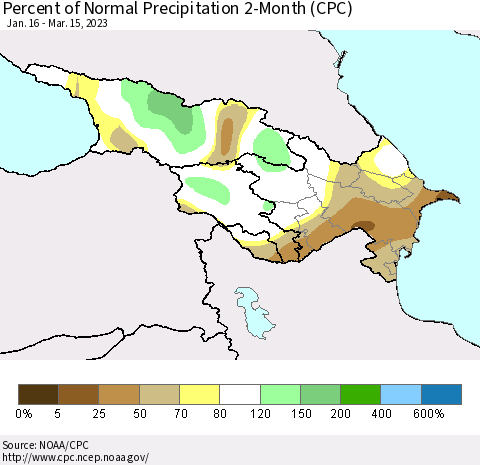 Azerbaijan, Armenia and Georgia Percent of Normal Precipitation 2-Month (CPC) Thematic Map For 1/16/2023 - 3/15/2023