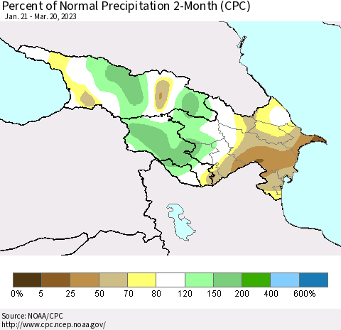 Azerbaijan, Armenia and Georgia Percent of Normal Precipitation 2-Month (CPC) Thematic Map For 1/21/2023 - 3/20/2023