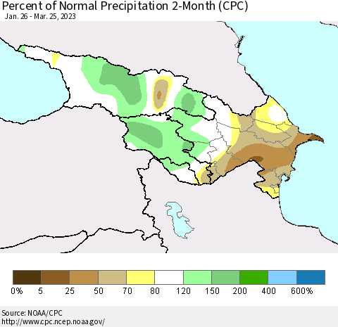 Azerbaijan, Armenia and Georgia Percent of Normal Precipitation 2-Month (CPC) Thematic Map For 1/26/2023 - 3/25/2023
