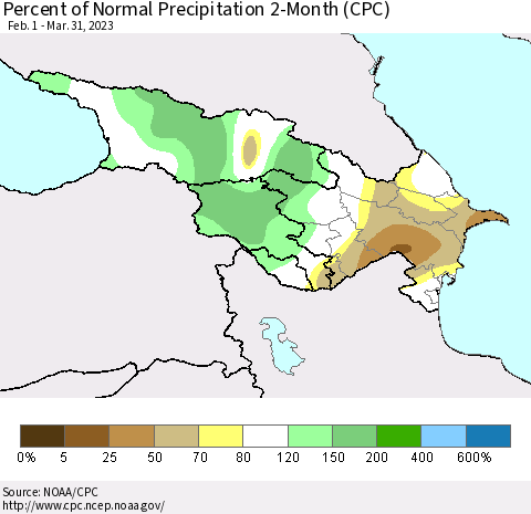 Azerbaijan, Armenia and Georgia Percent of Normal Precipitation 2-Month (CPC) Thematic Map For 2/1/2023 - 3/31/2023