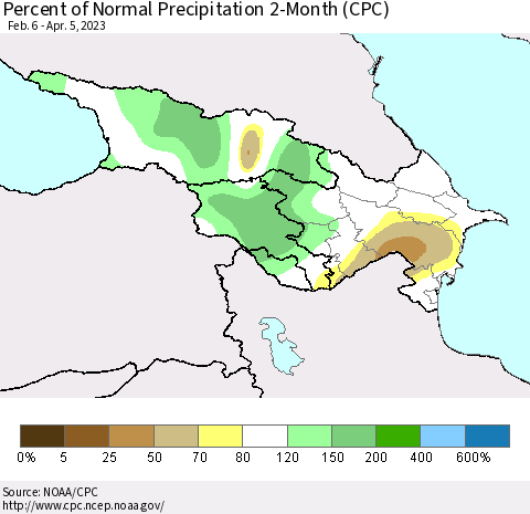 Azerbaijan, Armenia and Georgia Percent of Normal Precipitation 2-Month (CPC) Thematic Map For 2/6/2023 - 4/5/2023