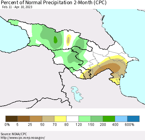 Azerbaijan, Armenia and Georgia Percent of Normal Precipitation 2-Month (CPC) Thematic Map For 2/11/2023 - 4/10/2023