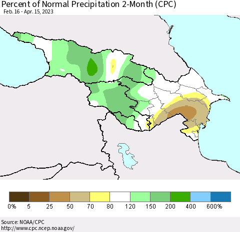 Azerbaijan, Armenia and Georgia Percent of Normal Precipitation 2-Month (CPC) Thematic Map For 2/16/2023 - 4/15/2023