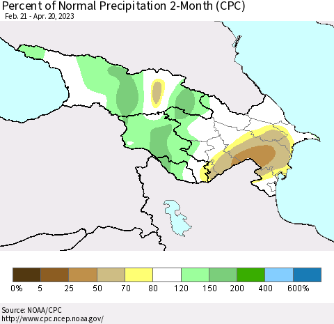 Azerbaijan, Armenia and Georgia Percent of Normal Precipitation 2-Month (CPC) Thematic Map For 2/21/2023 - 4/20/2023