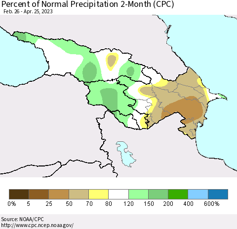 Azerbaijan, Armenia and Georgia Percent of Normal Precipitation 2-Month (CPC) Thematic Map For 2/26/2023 - 4/25/2023