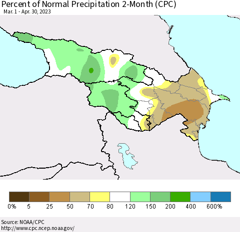Azerbaijan, Armenia and Georgia Percent of Normal Precipitation 2-Month (CPC) Thematic Map For 3/1/2023 - 4/30/2023