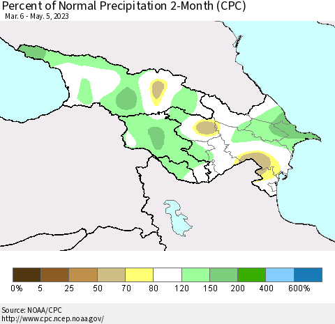 Azerbaijan, Armenia and Georgia Percent of Normal Precipitation 2-Month (CPC) Thematic Map For 3/6/2023 - 5/5/2023