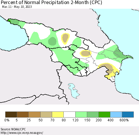 Azerbaijan, Armenia and Georgia Percent of Normal Precipitation 2-Month (CPC) Thematic Map For 3/11/2023 - 5/10/2023