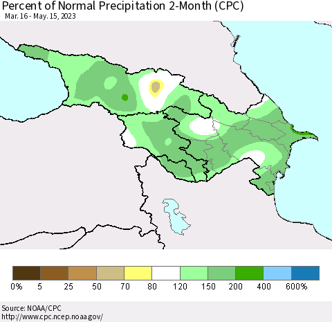 Azerbaijan, Armenia and Georgia Percent of Normal Precipitation 2-Month (CPC) Thematic Map For 3/16/2023 - 5/15/2023