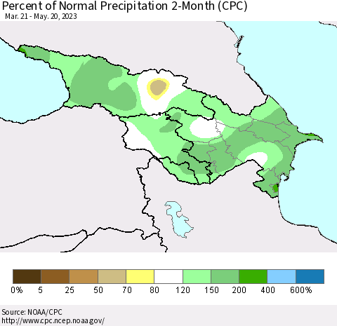 Azerbaijan, Armenia and Georgia Percent of Normal Precipitation 2-Month (CPC) Thematic Map For 3/21/2023 - 5/20/2023