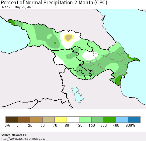 Azerbaijan, Armenia and Georgia Percent of Normal Precipitation 2-Month (CPC) Thematic Map For 3/26/2023 - 5/25/2023