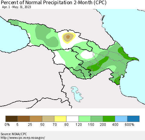 Azerbaijan, Armenia and Georgia Percent of Normal Precipitation 2-Month (CPC) Thematic Map For 4/1/2023 - 5/31/2023