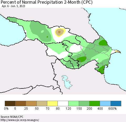 Azerbaijan, Armenia and Georgia Percent of Normal Precipitation 2-Month (CPC) Thematic Map For 4/6/2023 - 6/5/2023