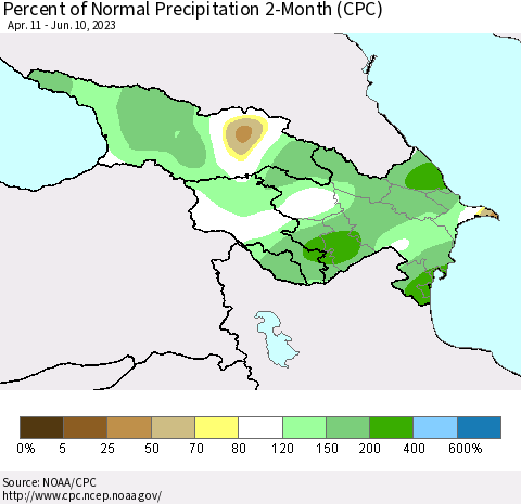 Azerbaijan, Armenia and Georgia Percent of Normal Precipitation 2-Month (CPC) Thematic Map For 4/11/2023 - 6/10/2023