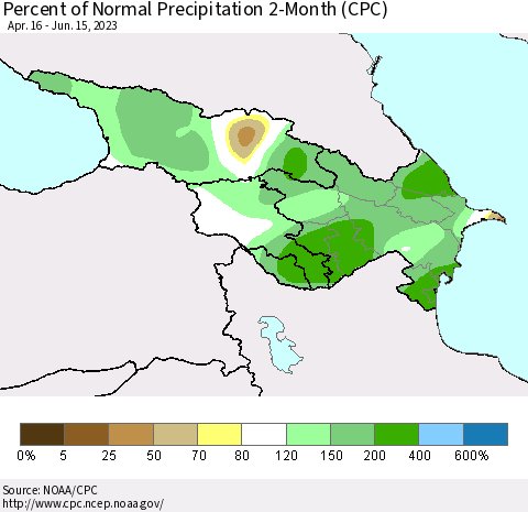 Azerbaijan, Armenia and Georgia Percent of Normal Precipitation 2-Month (CPC) Thematic Map For 4/16/2023 - 6/15/2023
