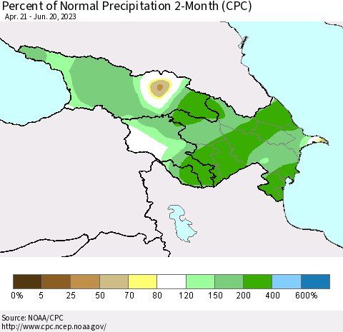 Azerbaijan, Armenia and Georgia Percent of Normal Precipitation 2-Month (CPC) Thematic Map For 4/21/2023 - 6/20/2023