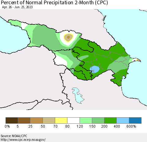 Azerbaijan, Armenia and Georgia Percent of Normal Precipitation 2-Month (CPC) Thematic Map For 4/26/2023 - 6/25/2023