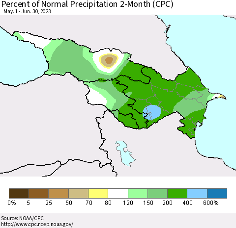 Azerbaijan, Armenia and Georgia Percent of Normal Precipitation 2-Month (CPC) Thematic Map For 5/1/2023 - 6/30/2023