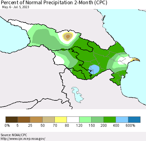 Azerbaijan, Armenia and Georgia Percent of Normal Precipitation 2-Month (CPC) Thematic Map For 5/6/2023 - 7/5/2023