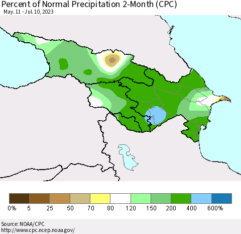 Azerbaijan, Armenia and Georgia Percent of Normal Precipitation 2-Month (CPC) Thematic Map For 5/11/2023 - 7/10/2023