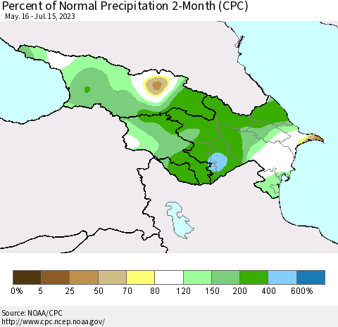Azerbaijan, Armenia and Georgia Percent of Normal Precipitation 2-Month (CPC) Thematic Map For 5/16/2023 - 7/15/2023